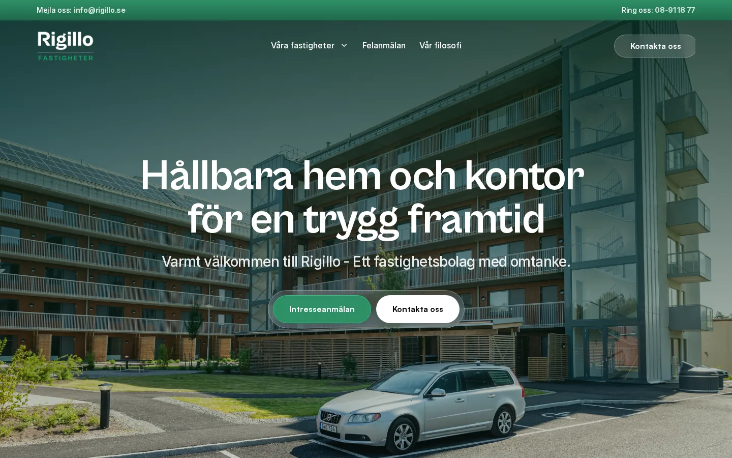 Startsidan för Rigillo Fastigheter i datorn