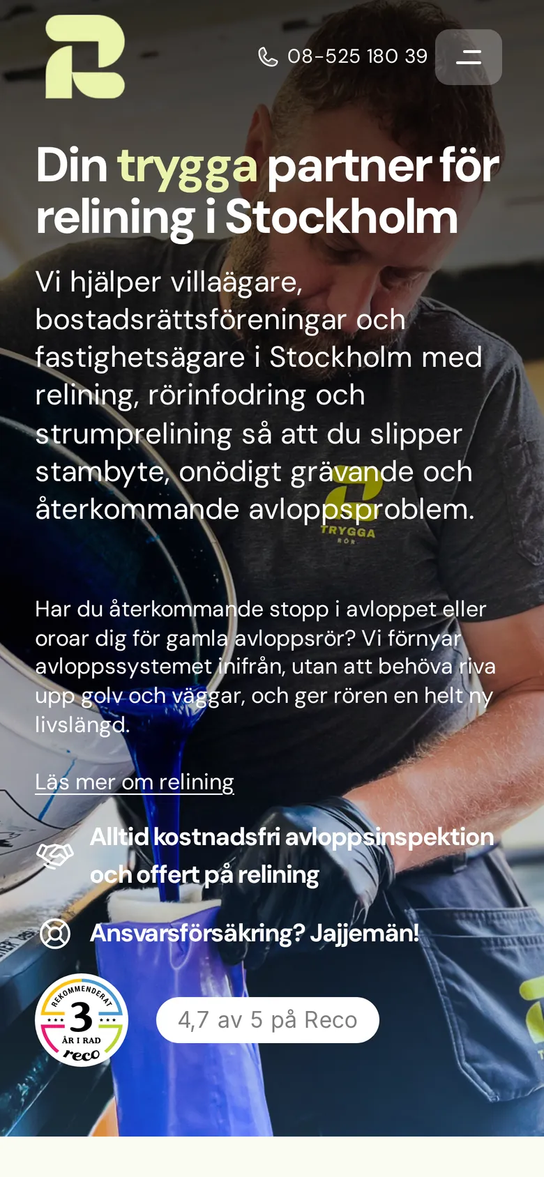 Startsidan för Trygga Rör i mobilen