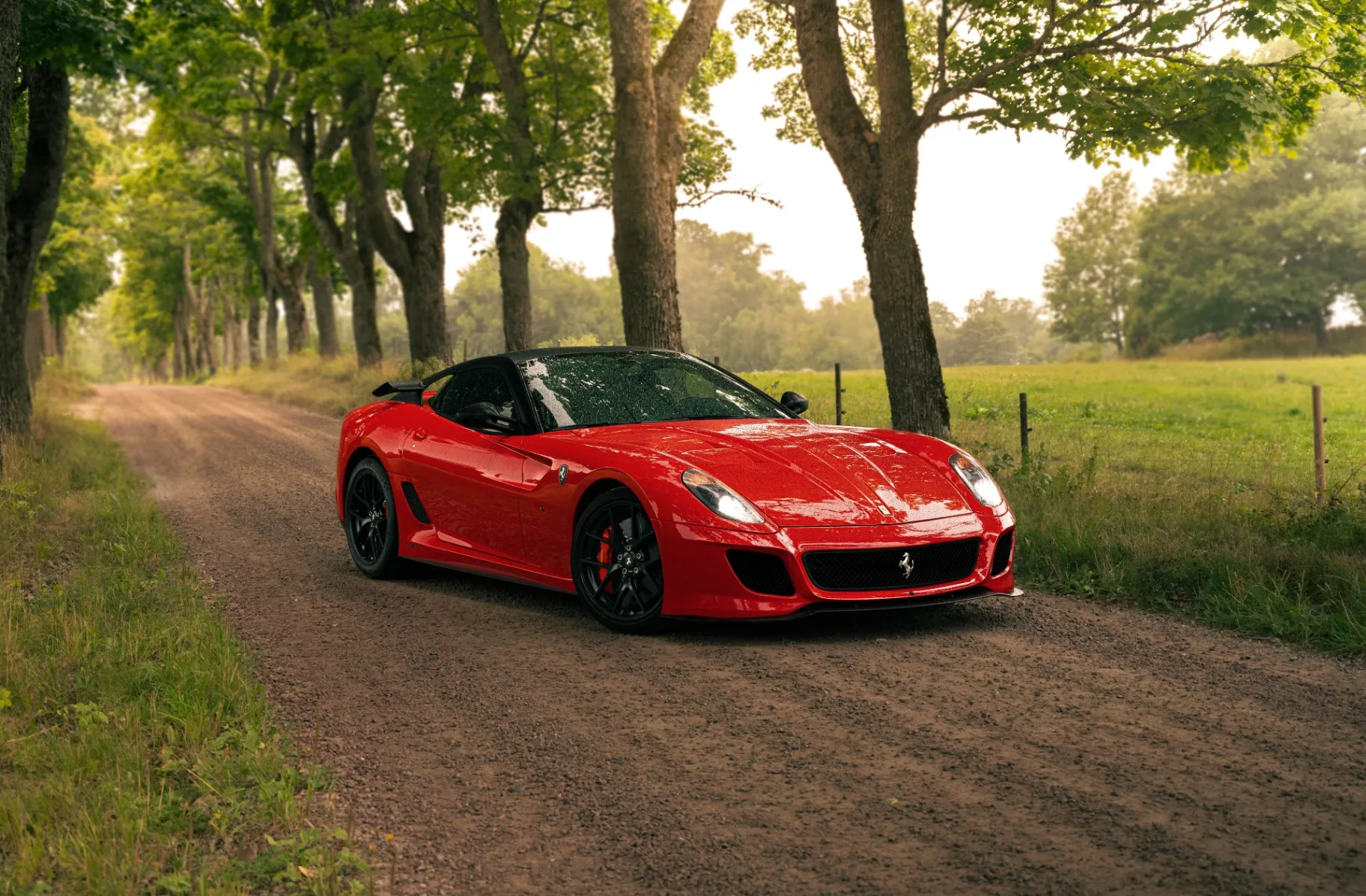 Röd Ferrari 599 GTO på en grusväg i en allé, fotograferad för Daytona Automobil