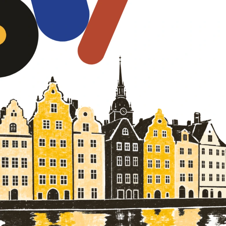 Illustration av Stockholms gammalstan med gavelfasader och kyrktorn